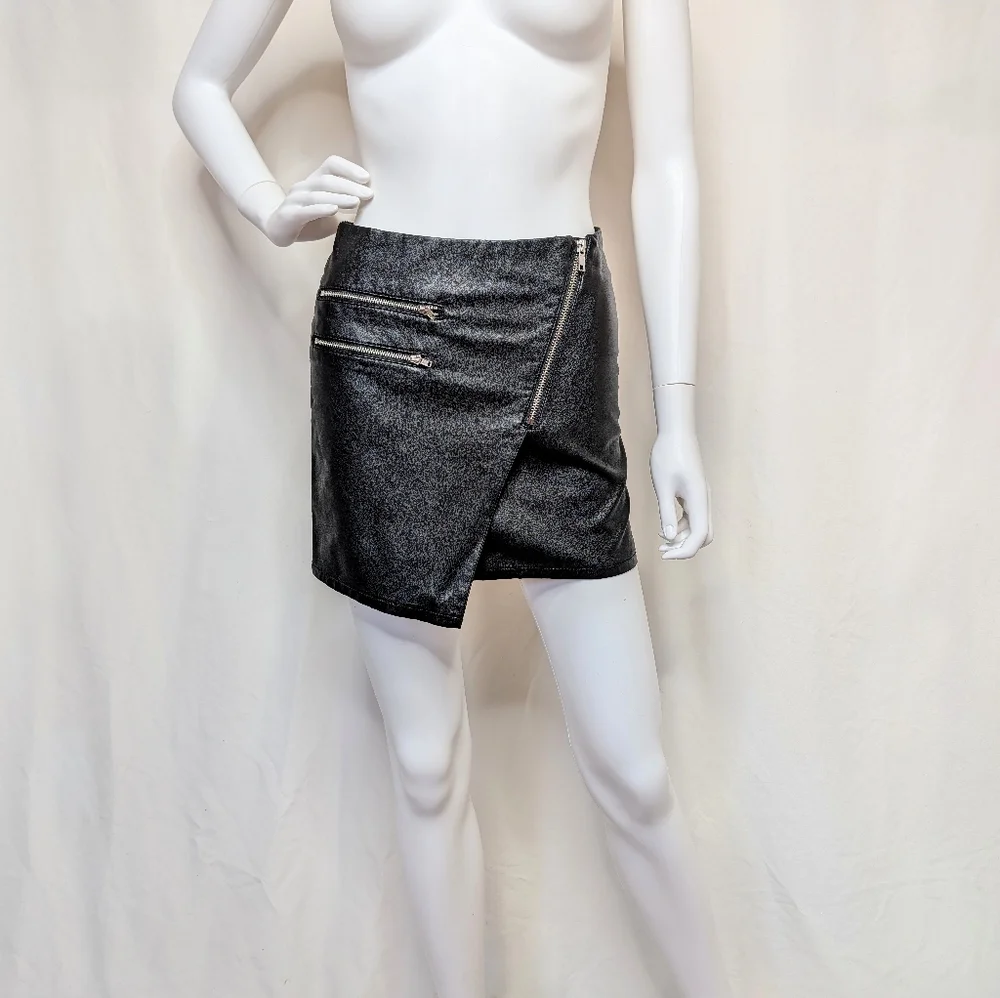 Black Faux Leather Asymmetrical Hem Mini Skirt With Zipper Details